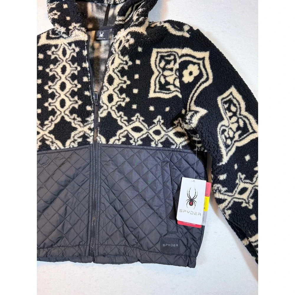Spyder Women's Fleece Quilted Jacket Black Cream Pattern Hooded Full Zip Size S - Picture 3 of 4